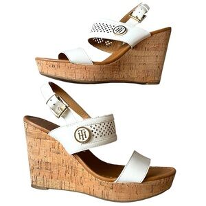 Tommy Hilfiger Slingback Wedge Cork Heel Sandal Buckle White Preppy Cruise Beach